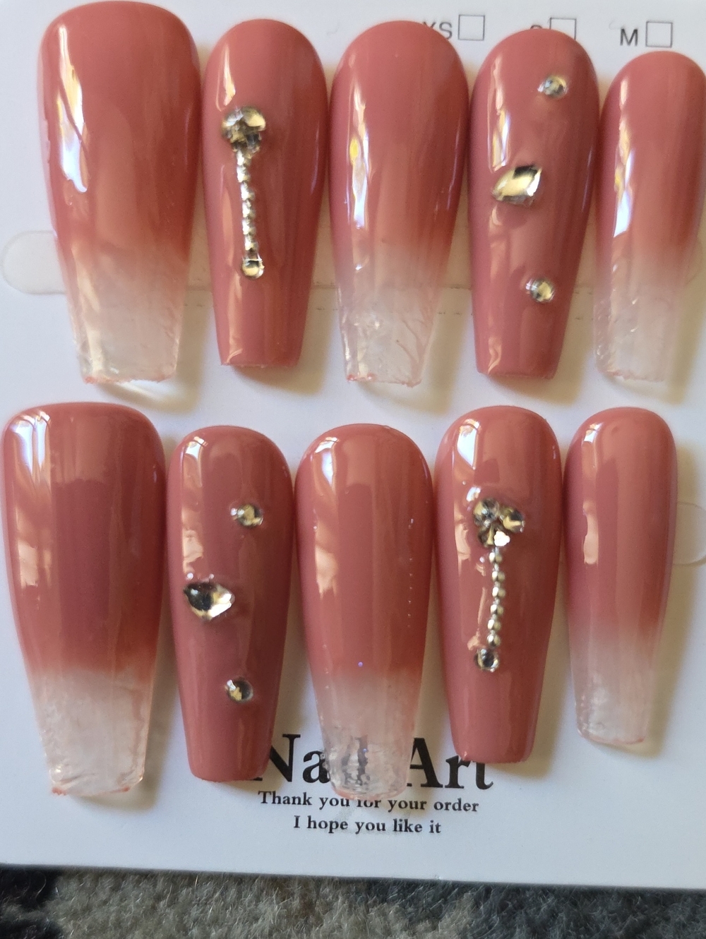Press-On Ombre Mauve Pink Nails with Rhinestone Accent Size Large